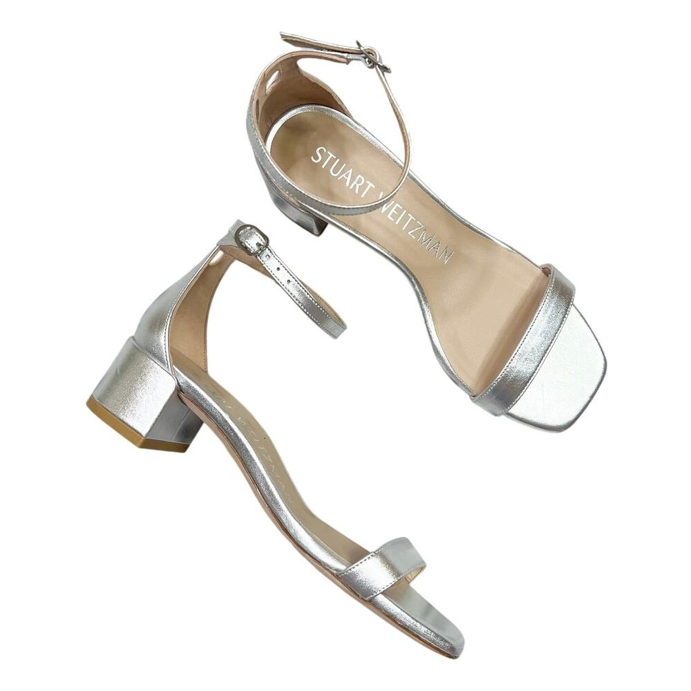 NEW Stuart Weitzman | Nudistcurve 35 Block Heel Sandals Silver Leather Size 6